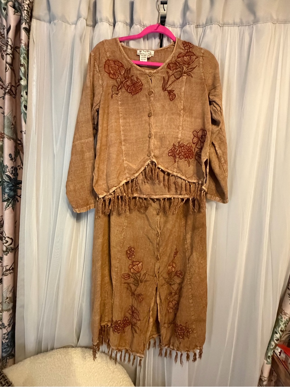 Vintage Boho Papillon Blanc Brown Embroidered Fringe Maxi Dress Set
